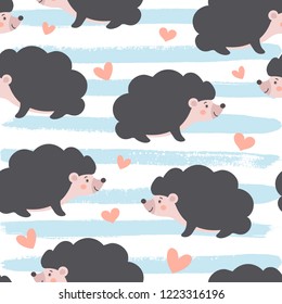 Cute Seamless Hedgehog pattern. Cartoon baby Porcupine with hearts and grungy striped background. Creative vector childish background for fabric, textile, nursery wallpaper. Vector Illustration