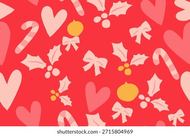 Un lindo patrón de vacaciones sin fisuras con corazones, bastones de caramelo, arcos, hojas de acebo y adornos sobre un fondo rojo brillante, creando un diseño festivo dulce.