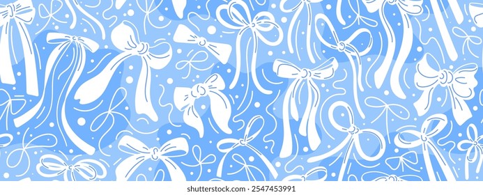 Cute seamless holiday pattern with line gift ribbons. Vintage white satin bows on blue background. Vector hand drawn art print. Funny christmas backdrop, winter wrapping paper with snow, confetti