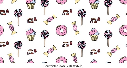 Cute seamless horizontal pattern with candies, donuts, cupcakes, lollipops. Colored doodle ornament with sweets. Isolated on changeable white background. Pretty vector pattern for print,fabric,design.