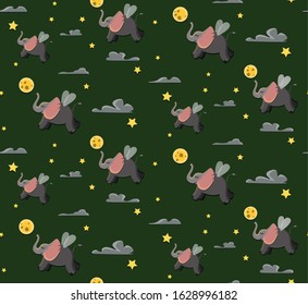 Cute seamless illustrative pattern of flying elephant playing with yellow moon in flat style on the green background, kid's style 