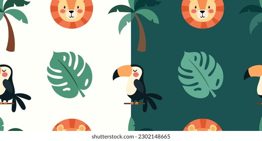 Cute seamless jungle pattern with lion, toucan, palm tree and palm leaf