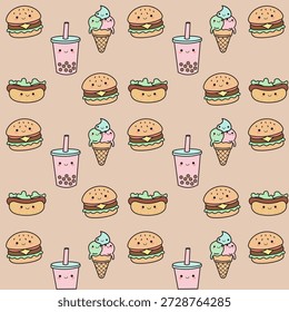 Nettes, nahtloses Junk-Food-Muster mit lächelnden Burgern, Eis, Glockentee und Hot Dogs auf pastellfarbenem Hintergrund.