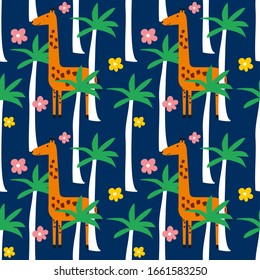 Cute seamless kids background with palms, flowers and giraffe. Beautiful tropical background. Cartoon giraffe.