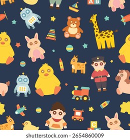 Padrão bonito de brinquedo de crianças sem costura com personagens kawaii em um fundo escuro