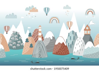 Cute seamless landscape pattern with sea waves, mountains, lighthouse, clouds and rainbows. Travel concept, kids horizontal poster. Horizontal repeating banner.