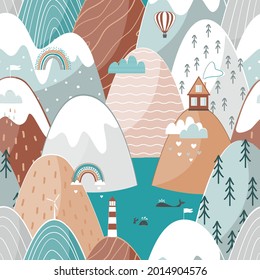 Cute seamless landscape pattern with sea, mountains, lighthouse, house, and rainbows. Travel concept, kids poster background. Vector pattern for textile or wallpapers.