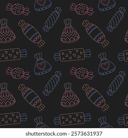 Cute seamless line art pattern with colorful candies on the black background