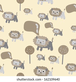 Cute seamless lion  with tree. Vector retro background.