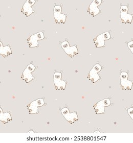 Lindo patrón de llama transparente sobre fondo beige, adorable diseño de alpaca, patrón de repetición de llamas crema suave, ilustración en Vector, diseño de animales de colores pastel, fondo neutro para la decoración de los niños