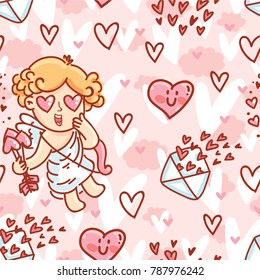 Cute Seamless love pattern with Cupid baby angel character, hearts and envelopes. Hand drawn endless background romantic art illustration in cartoon style