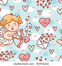 Cute Seamless love pattern with Cupid baby angel character, hearts and envelopes. Hand drawn endless background romantic art illustration in cartoon style