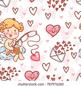 Cute Seamless love pattern with Cupid baby angel character, hearts and envelopes. Hand drawn endless background romantic art illustration in cartoon style