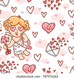 Cute Seamless love pattern with Cupid baby angel character, hearts and envelopes. Hand drawn endless background romantic art illustration in cartoon style