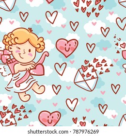 Cute Seamless love pattern with Cupid baby angel character, hearts and envelopes. Hand drawn endless background romantic art illustration in cartoon style