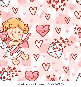 Cute Seamless love pattern with Cupid baby angel character, hearts and envelopes. Hand drawn endless background romantic art illustration in cartoon style