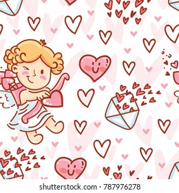 Cute Seamless love pattern with Cupid baby angel character, hearts and envelopes. Hand drawn endless background romantic art illustration in cartoon style