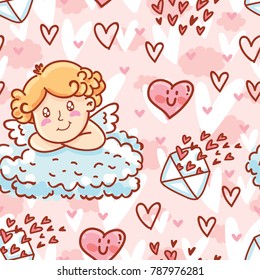 Cute Seamless love pattern with Cupid baby angel character, hearts and envelopes. Hand drawn endless background romantic art illustration in cartoon style