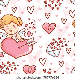 Cute Seamless love pattern with Cupid baby angel character, hearts and envelopes. Hand drawn endless background romantic art illustration in cartoon style