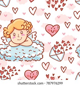 Cute Seamless love pattern with Cupid baby angel character, hearts and envelopes. Hand drawn endless background romantic art illustration in cartoon style