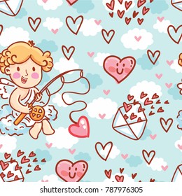 Cute Seamless love pattern with Cupid baby angel character, hearts and envelopes. Hand drawn endless background romantic art illustration in cartoon style