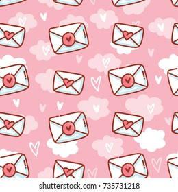 Cute seamless love pattern with flying love letters, envelopes, post. Hand drawn in doodle, cartoon style illustrations. Background texture design for web, print and textile