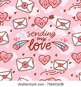 Cute seamless love pattern with lettering text and smiling heart characters with arrows on cloud background in hand drawn style. Sending my love. Backdrop texture design for web, print and textile