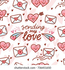 Cute seamless love pattern with lettering calligraphy text and heart characters with arrows in hand drawn style. Sending my love. Background texture design for web, print and textile
