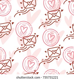 Cute seamless love pattern with letters, envelopes, mail, wind and post stamps on white. Hand drawn in outline doodle, cartoon style illustrations. Background texture design for web, print and textile