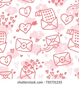 Cute seamless love pattern with letters, envelopes, mail, post stamps, heart characters, clouds. Hand drawn in doodle, cartoon line style illustrations. Background design for web, print and textile