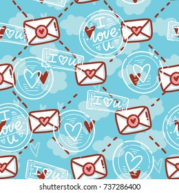 Cute seamless love pattern with letters, envelopes, hearts and post stamp imprints on blue background with clouds in hand drawn style. I love you. Backdrop design for web, print and textile