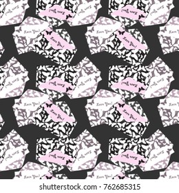 Cute seamless love pattern with letters, envelopes, hearts and post stamp imprints on black background. I love you. Backdrop texture design for web, print and textile.