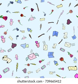 Cute seamless love pattern with mail, wind and post stamps on pink color. Hand drawn in doodle, cartoon style illustrations. Background texture design for web, print and textile eps10