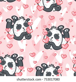 Cute seamless love pattern with Panda character: sending air kiss on pink romantic background. Hand drawn illustration in cartoon style. Art for backdrop texture for web, print, textile, fabric