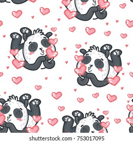 Cute seamless love pattern with Panda character: sending air kiss on pink romantic background. Hand drawn illustration in cartoon style. Art for backdrop texture for web, print, textile, fabric