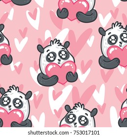 Cute seamless love pattern with Panda character: holding big heart on pink romantic background. Hand drawn illustration in cartoon style. Art for backdrop texture for web, print, textile, fabric