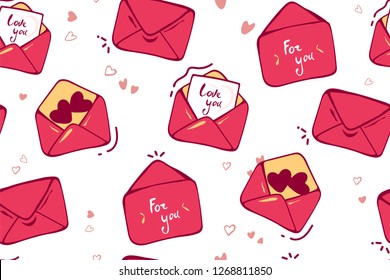 Cute seamless love pattern with pink letters, envelopes, mail, on white color. love you. doodle, cartoon style illustrations. Background texture design for web, print and textile, wallpaper, Valentine