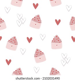 Cute seamless love pattern with pink hearts, envelopes, mail, on white background. Valentines day concept backdrop in cartoon flat style. Background texture design for web, print and textile, etc.