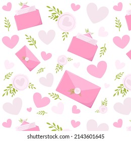 Cute seamless love pattern with pink letters, envelopes, mail, on white color. love you. doodle, cartoon-style illustrations. Background texture design for web, print, and textile, wallpaper. Valentin