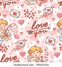 Cute Seamless love pattern for Valentine's day. Hand drawn Cupid angel character, lettering text, hearts and envelopes on romantic pink background with hearts in cartoon style