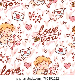 Cute Seamless love pattern for Valentine's day. Hand drawn Cupid angel character, lettering text, hearts and envelopes on romantic pink background with hearts in cartoon style