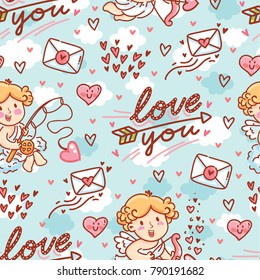 Cute Seamless love pattern for Valentine's day. Hand drawn Cupid angel character, lettering text, hearts and envelopes on blue background with clouds in cartoon romantic style