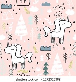 Cute seamless magic forest unicorn pattern for kids, baby apparel, fabric, textile, wallpaper, bedding, swaddles with unicorn, Scandinavian style for clothes, swaddles, apparel, planner, sticker