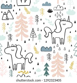Cute seamless magic forest unicorn pattern for kids, baby apparel, fabric, textile, wallpaper, bedding, swaddles with unicorn, Scandinavian style for clothes, swaddles, apparel, planner, sticker