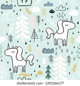 Cute seamless magic forest unicorn pattern for kids, baby apparel, fabric, textile, wallpaper, bedding, swaddles with unicorn, Scandinavian style for clothes, swaddles, apparel, planner, sticker