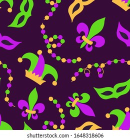 Cute seamless Mardi Gras background with masks, hats, lilies and beads in traditional colors