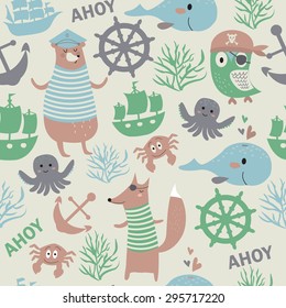 Cute seamless marine background with pirates and sailor attributes in cartoon style