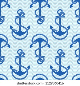 Cute seamless marine pattern with anchor. Ornament for design fabric, clothes, textile, wrapping paper. Wave model. Vector illustration.