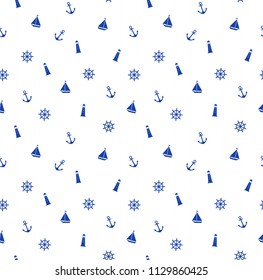 Cute seamless marine pattern with anchor, lighthouse, steering, boat. Ornament for design fabric, clothes, textile, wrapping paper. Vector illustration.