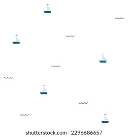 Cute seamless marine pattern design with boat and wave. Vector illustration.